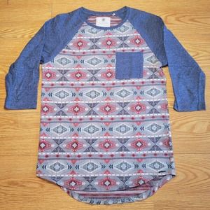 ON THE BYAS Men's Tribal Aztec Southwestern Baseball T Shirt Sz Small Multicolor